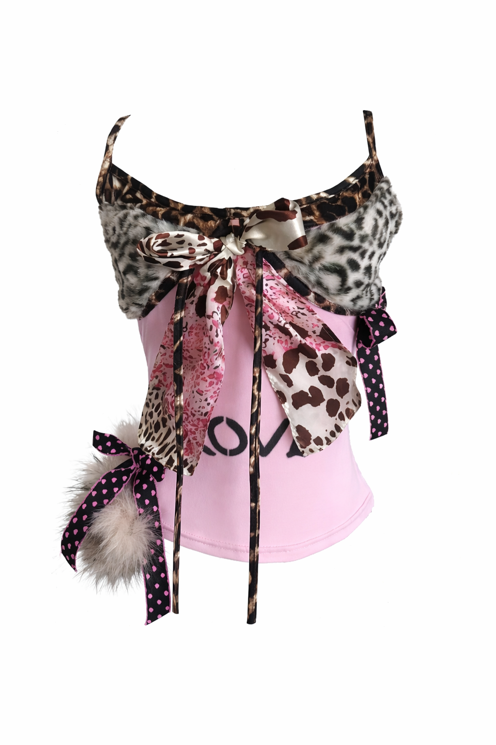 Gyaru Leopard Print Bow Ribbon Layered Cami Top Pink Shoptery Main image