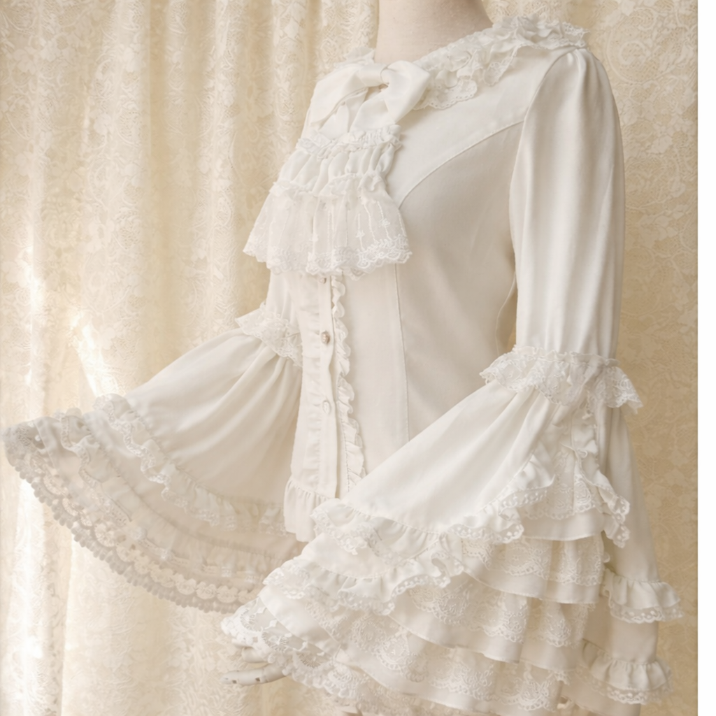 Jirai Kei Black Ruffle Lace Flare Sleeve Button Blouse WHITE Shoptery