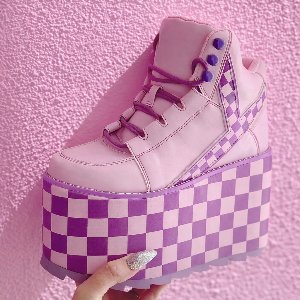 Fairy Kei Pink & Purple Checkerboard Chunky Platform Ankle Boots Shoptery