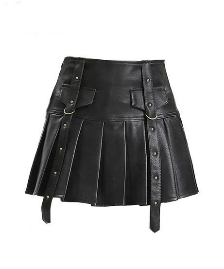 Black Buckled Pleated Mini Skirt