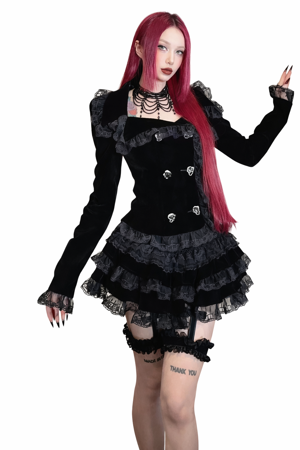 Visual Kei Black Velvet Ruffle Lace Cross Jacket & Mini Skirt Set Shoptery