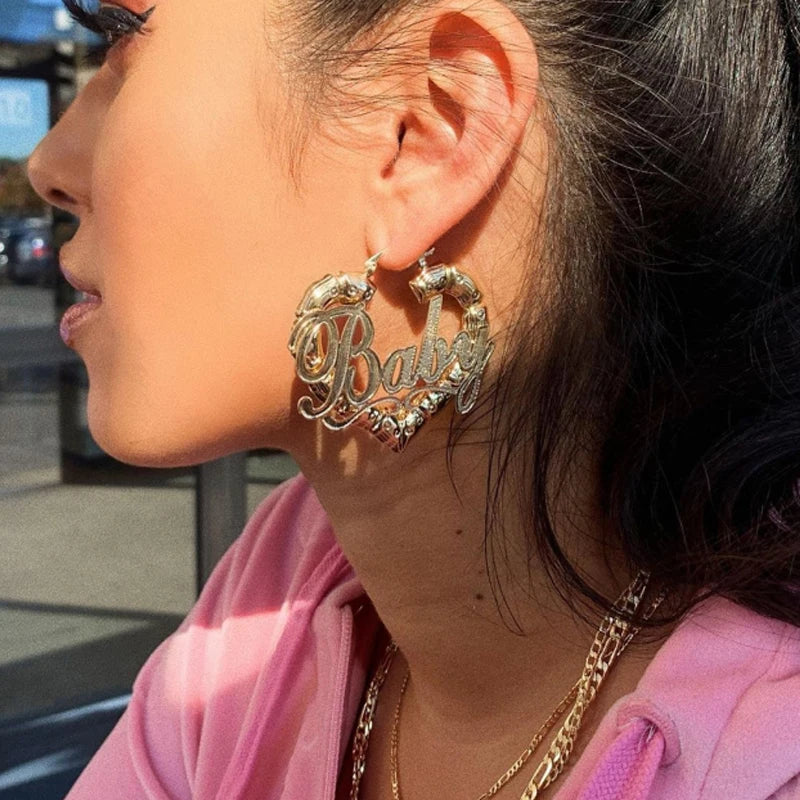 Gyaru Gold Bamboo Heart 'Baby' Script Hoop Earrings Shoptery