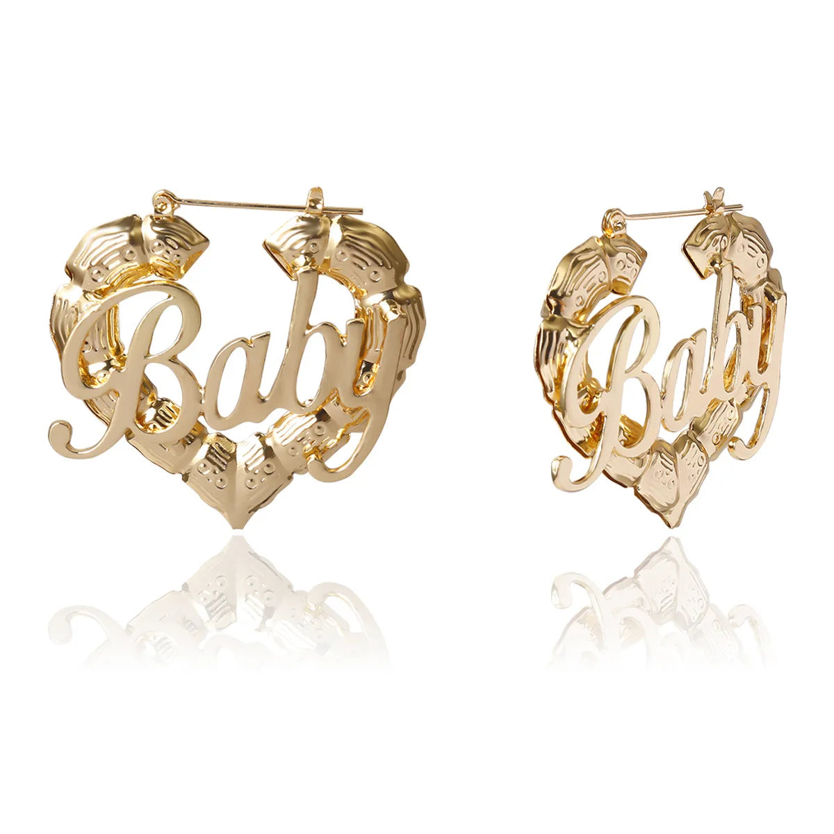 Gyaru Gold Bamboo Heart 'Baby' Script Hoop Earrings A China Mainland Shoptery Hauptbild