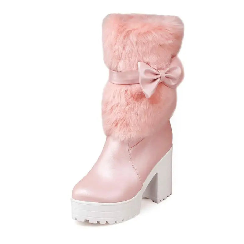 Fairy Kei Pink Faux Fur Platform Mid-Calf Boots with Bow Pink Shoptery