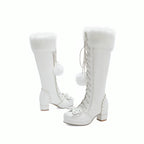 Jirai Kei Pink Faux Fur Pom-Pom Lace-Up Knee-High Platform Boots WHITE Shoptery