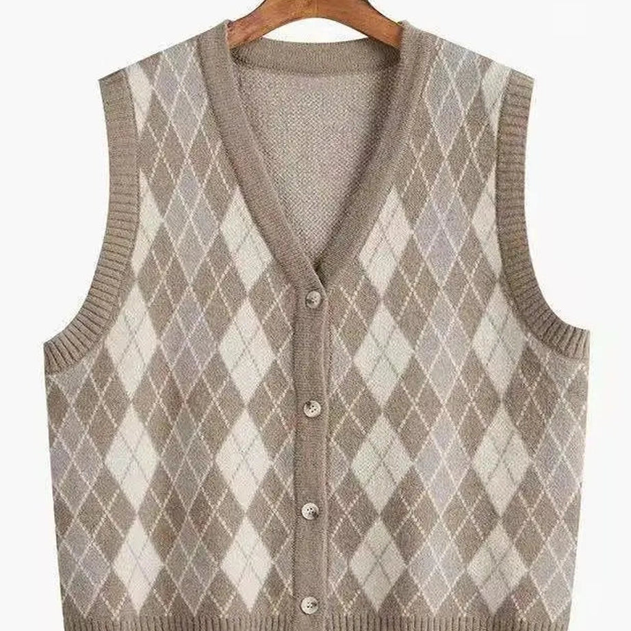 Retro Classic Argyle Knit Vest brown Shoptery