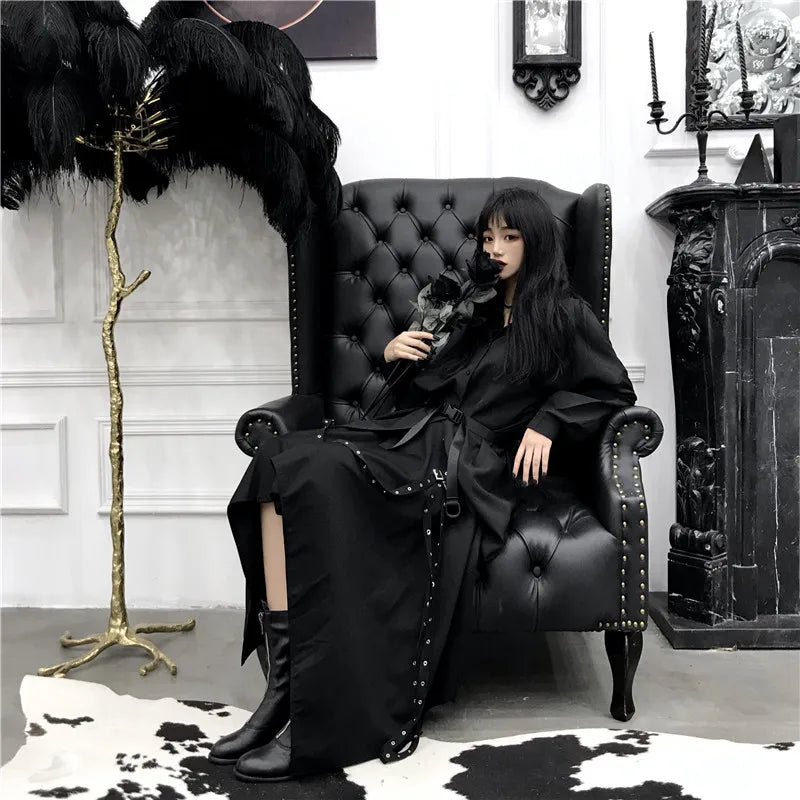 Visual Kei Black Rose Asymmetric Shirt Dress with Studded Belt Shoptery