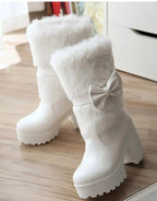 Fairy Kei Pink Faux Fur Platform Mid-Calf Boots with Bow Thicken Shoptery