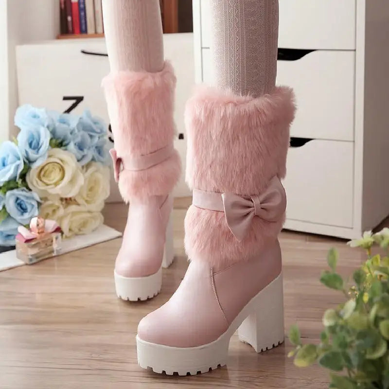 Fairy Kei Pink Faux Fur Platform Mid-Calf Boots with Bow Thicken 2 Shoptery