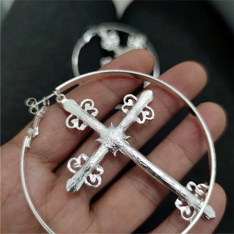 Visual Kei Baroque Crystal Cross Hoop Earrings & Necklace Set Secondary image