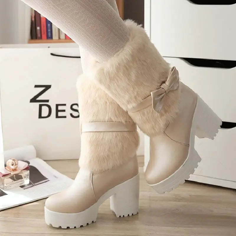 Fairy Kei Pink Faux Fur Platform Mid-Calf Boots with Bow Beige Shoptery