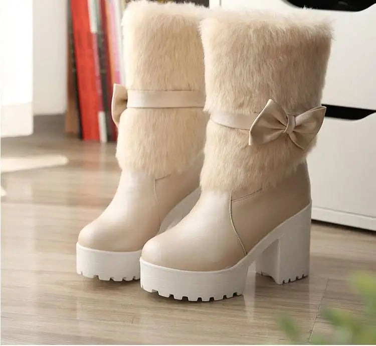 Fairy Kei Pink Faux Fur Platform Mid-Calf Boots with Bow Shoptery
