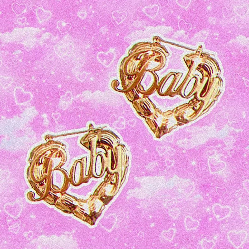Gyaru Gold Bamboo Heart 'Baby' Script Hoop Earrings Shoptery