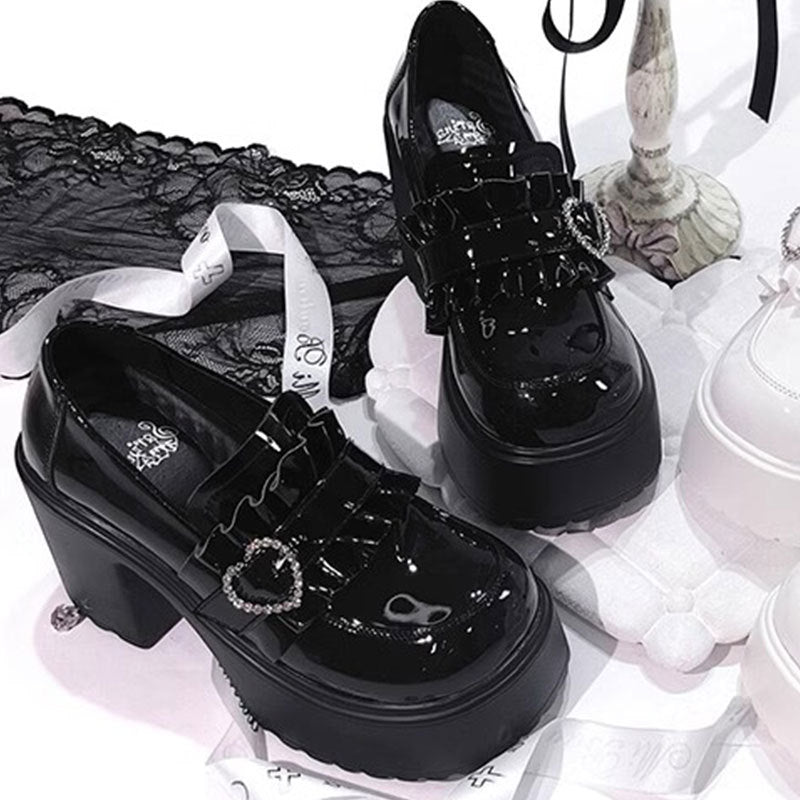 Jirai Kei Patent Platform Loafer with Pearl Heart Buckle & Lace Socks Shoptery