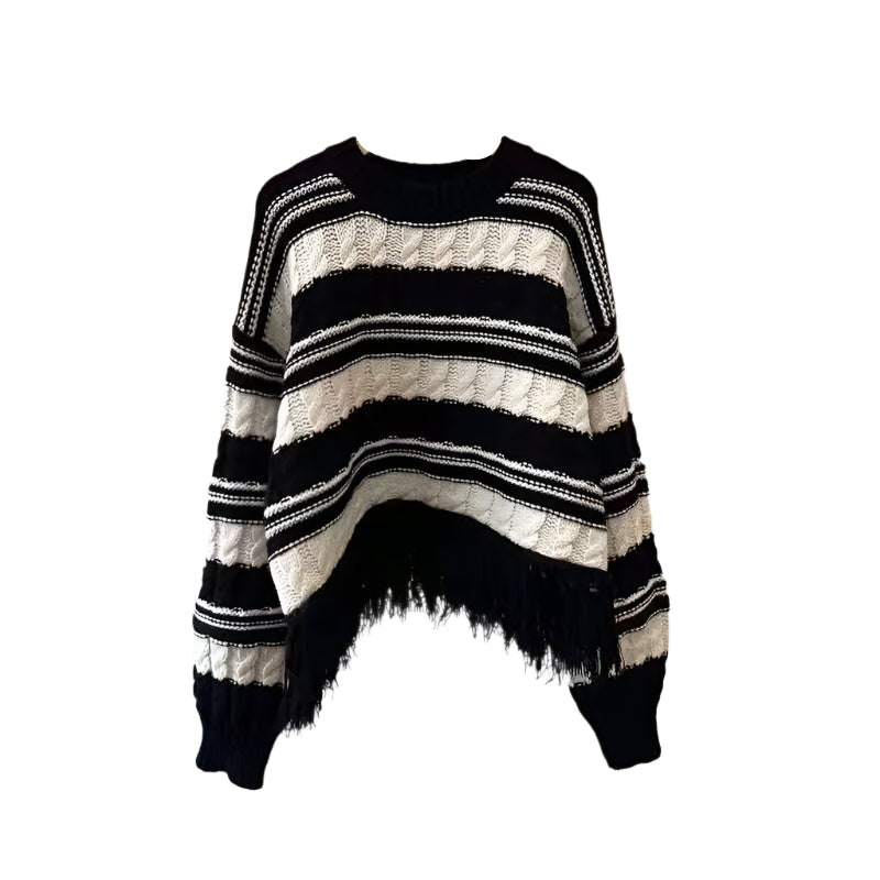 Alt Grunge Fringe Striped Sweater Shoptery