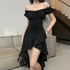 Midnight Ruffle Cascade Aesthetic Dress black Shoptery
