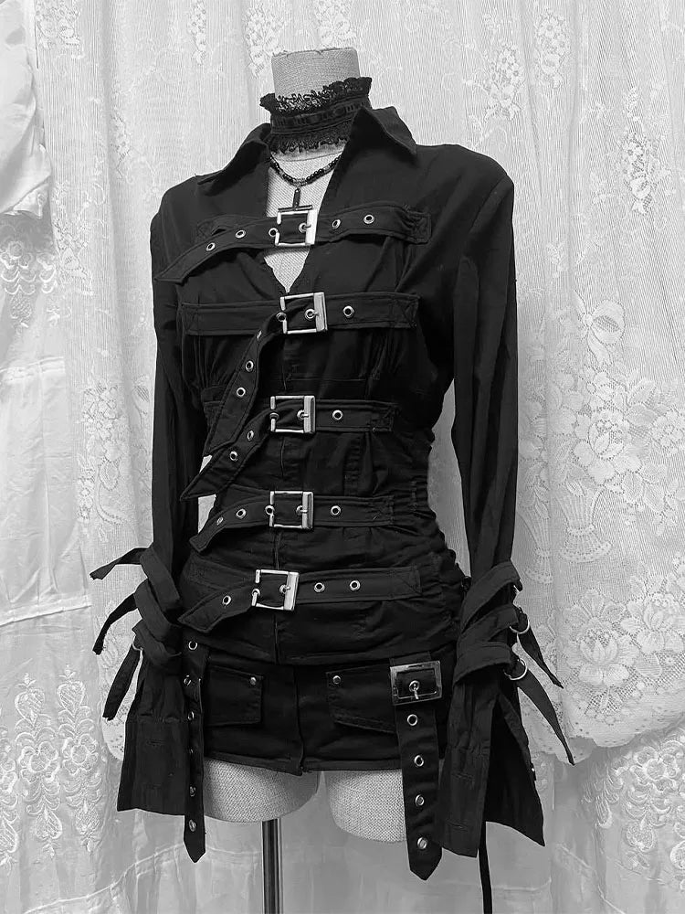 Visual Kei Black Multi-Buckle Strap Lace Collar Long Sleeve Shirt Shoptery