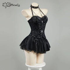 Visual Kei Black Brocade Lace-Up Corset Mini Dress with Cross Chains Shoptery