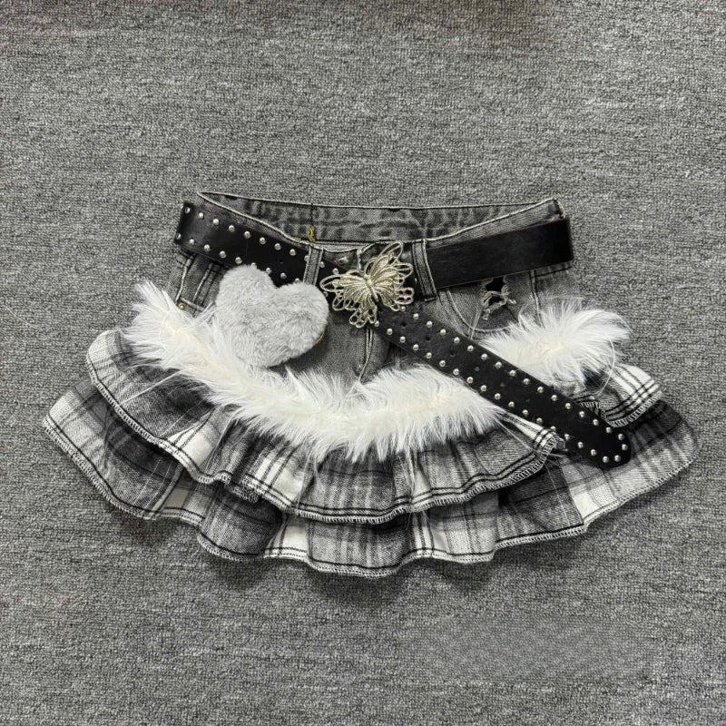 Gyaru Grey Plaid Ruffle Mini Skirt with Fur Trim & Butterfly Belt Secondary image
