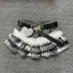 Gyaru Grey Plaid Ruffle Mini Skirt with Fur Trim & Butterfly Belt A2 Shoptery