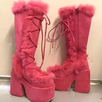 Jirai Kei Faux Fur Lace-Up Knee-High Platform Boots Red Shoptery