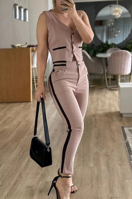 Women's Sleeveless Slim Fit Front Button Vest & Pants Set