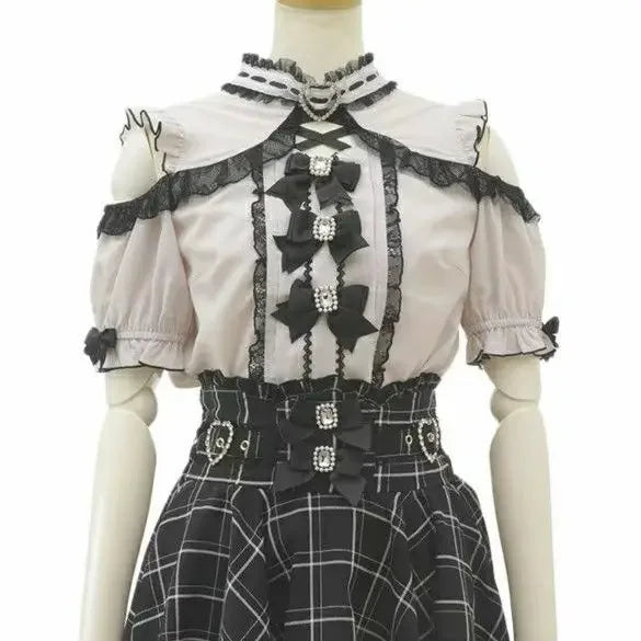 Jirai Kei Black Lace Ruffle Bow Button-Up Blouse 3448 Purple Shoptery