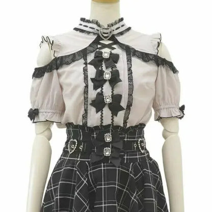 Jirai Kei Black Lace Ruffle Bow Button-Up Blouse 3448 Purple Shoptery