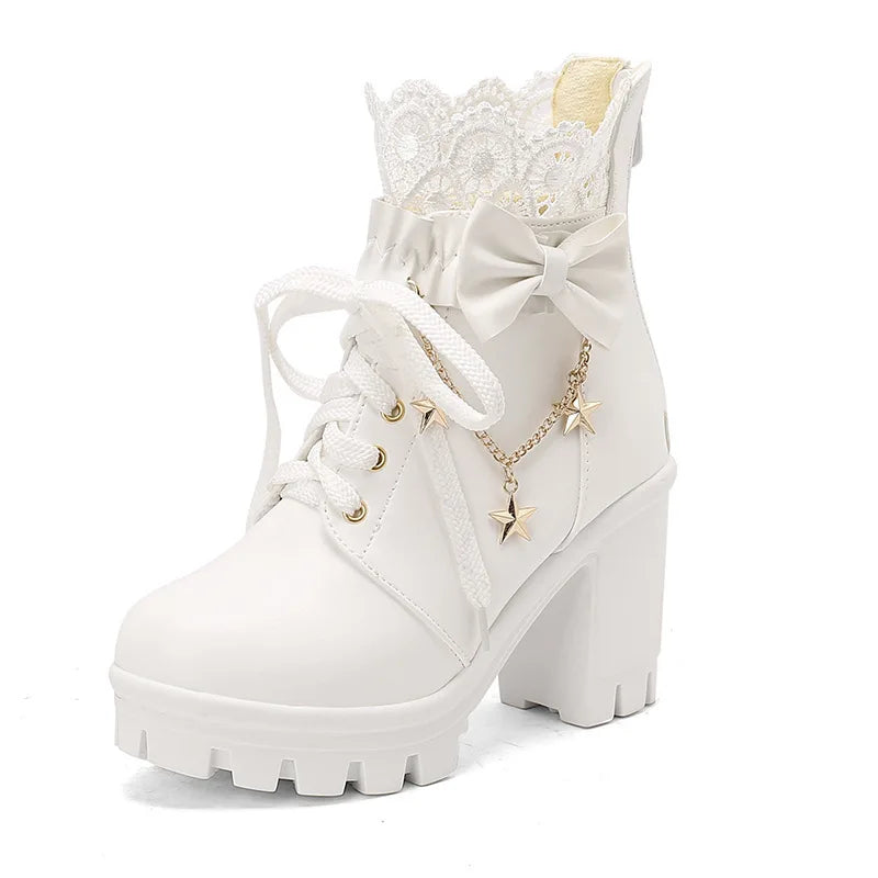 Jirai Kei Pink Lace Ruffle Bow Star Chain Platform Ankle Boots Heels 9cm Shoptery