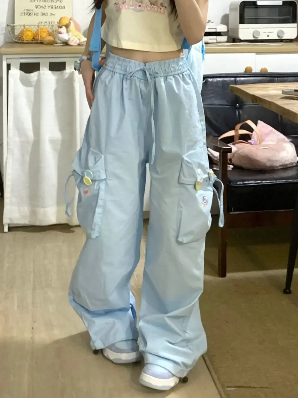 Fairy Kei Pastel Blue Cargo Wide-Leg Pants with Candy Embroidery Shoptery