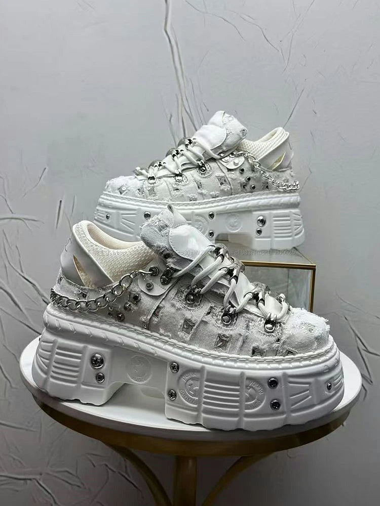 Visual Kei Studded Chain Platform Chunky Sneakers WHITE Shoptery