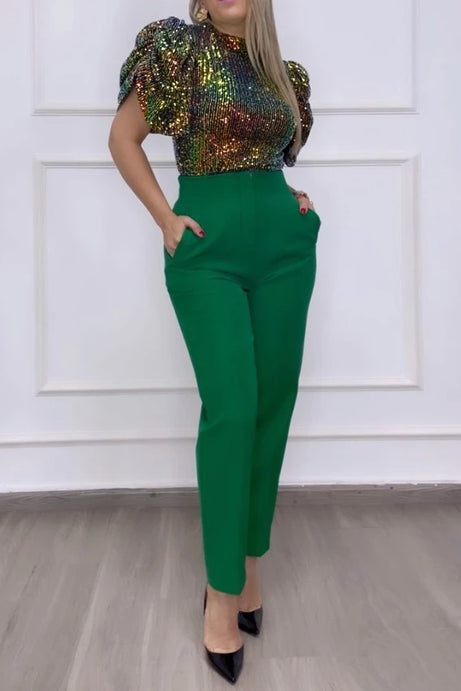 High Neck Sleeve Contrast Sequin Top & Pants Set