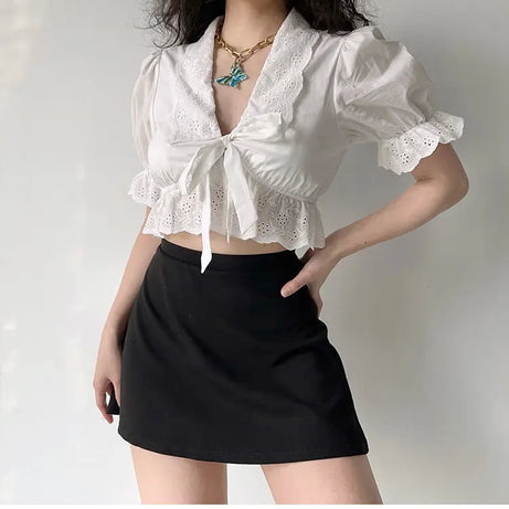Eyelet Romance Tie-Front Coquette Blouse Shoptery