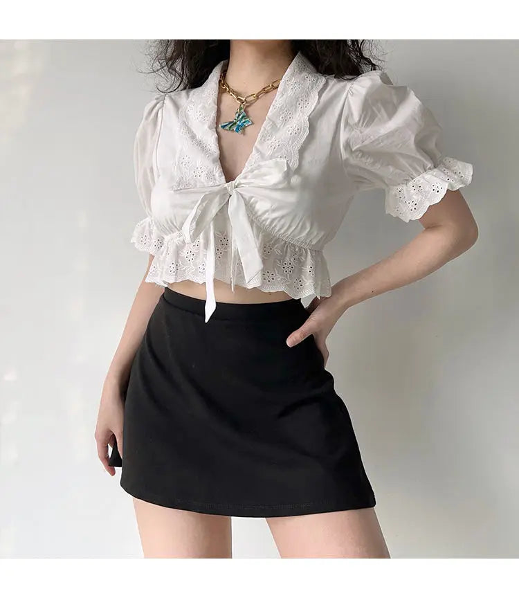 Eyelet Romance Tie-Front Coquette Blouse Shoptery