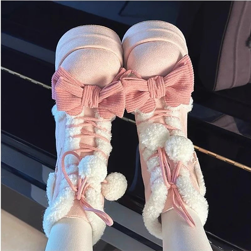 Jirai Kei Fluffy Heart Platform Snow Boots with Pom-Pom Laces Shoptery