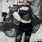 Jirai Kei Black Lace Bell Sleeve Crop Top & Velvet Shorts Set Shoptery