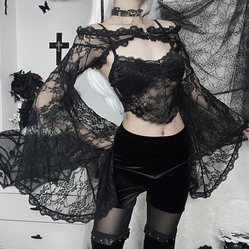 Jirai Kei Black Lace Bell Sleeve Crop Top & Velvet Shorts Set Shoptery