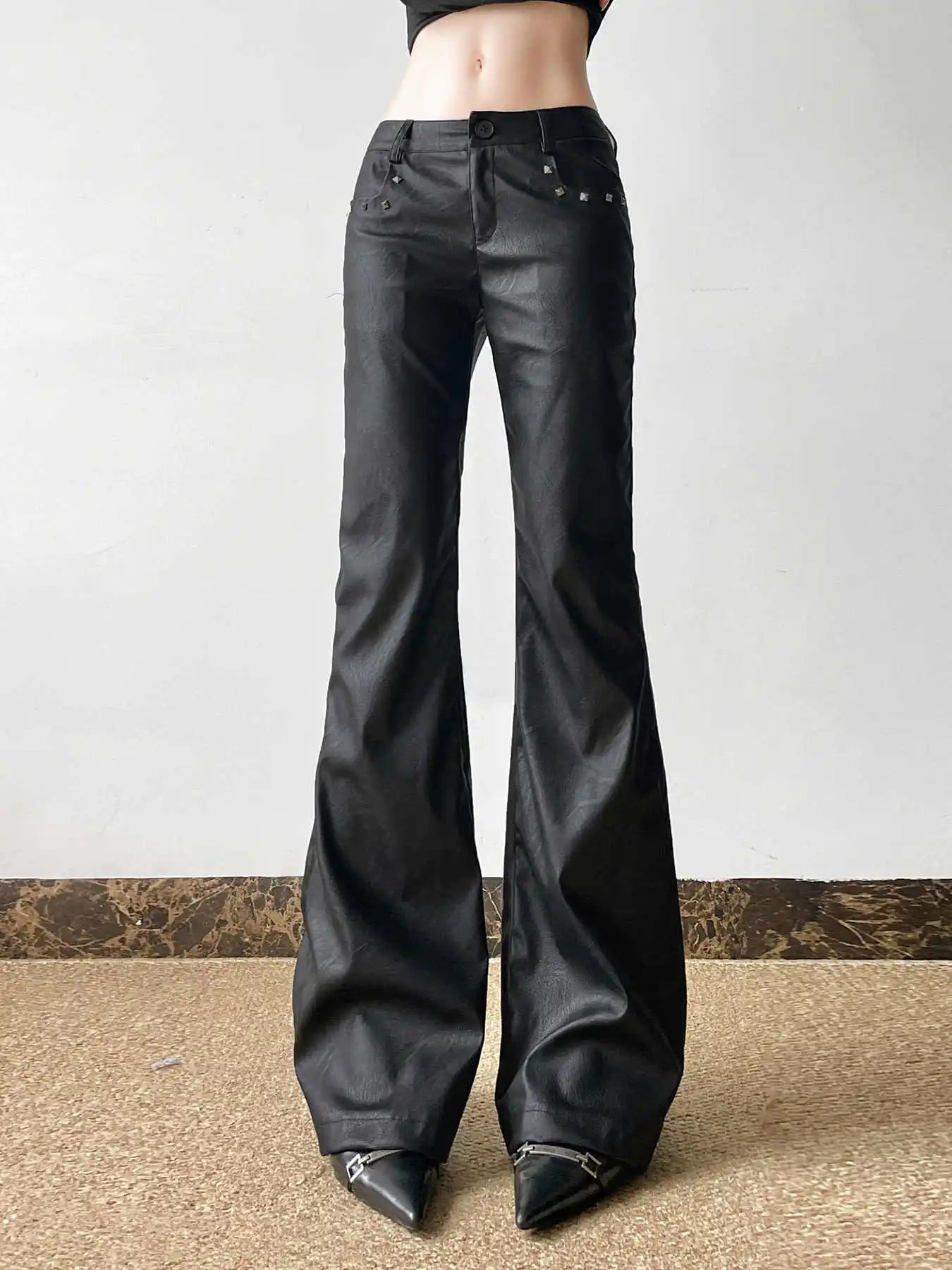 Visual Kei Studded Faux Leather Low-Rise Flare Trousers Secondary image