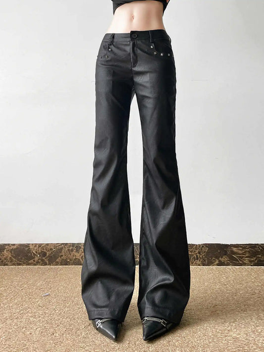Visual Kei Studded Faux Leather Low-Rise Flare Trousers Shoptery
