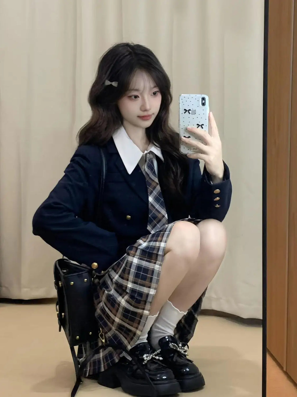 Jirai Kei Navy Blazer Plaid Pleated Skirt School Uniform Set Shoptery