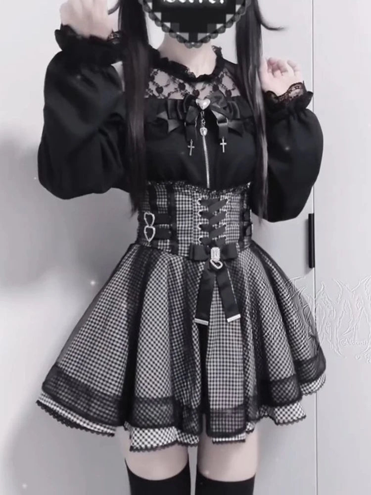 Jirai Kei Gingham Lace-Up Corset Dress with Off-Shoulder Lace Blouse Secondary image