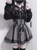 Jirai Kei Gingham Lace-Up Corset Dress with Off-Shoulder Lace Blouse Shoptery