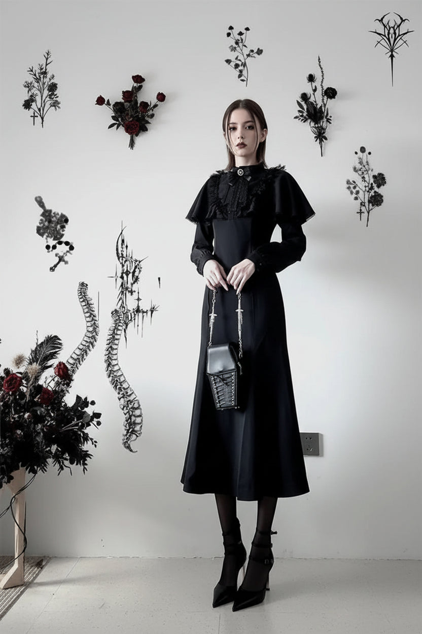 Visual Kei Victorian Cape Lace Ruffle Long Sleeve Mermaid Dress Shoptery