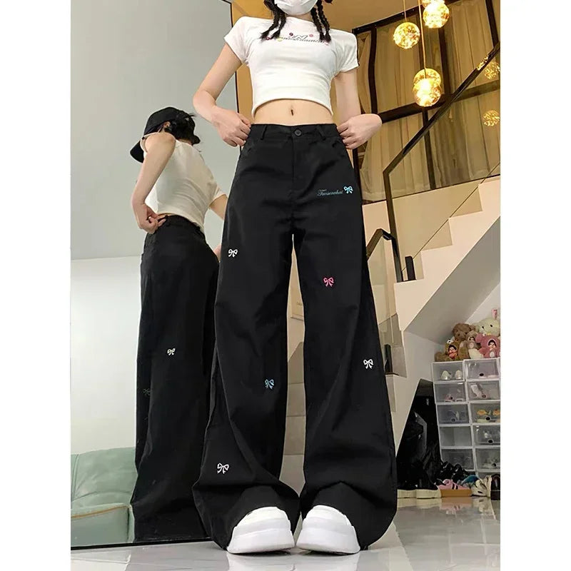 Kawaii Embroidered Bow Pants black Shoptery