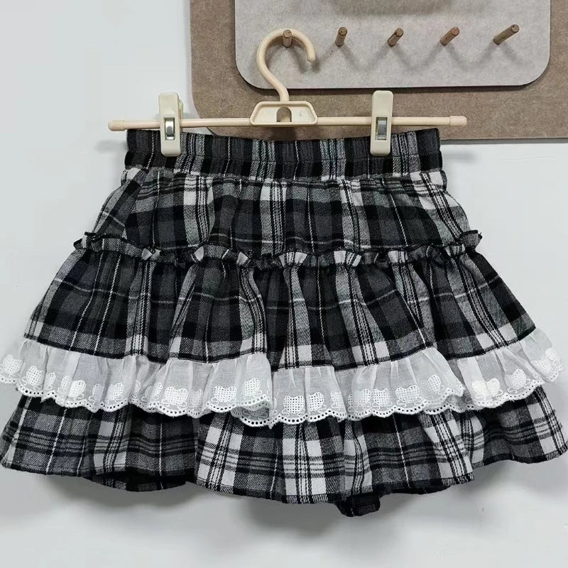 Jirai Kei Off-Shoulder Lace-Up Knit Top & Plaid Ruffle Skirt Set Only Skirt Shoptery