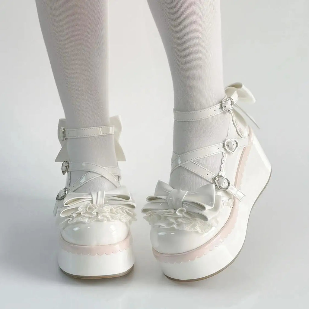 Fairy Kei Mint & Pink Lace Bow Platform Mary Jane Shoes Beige Shoptery