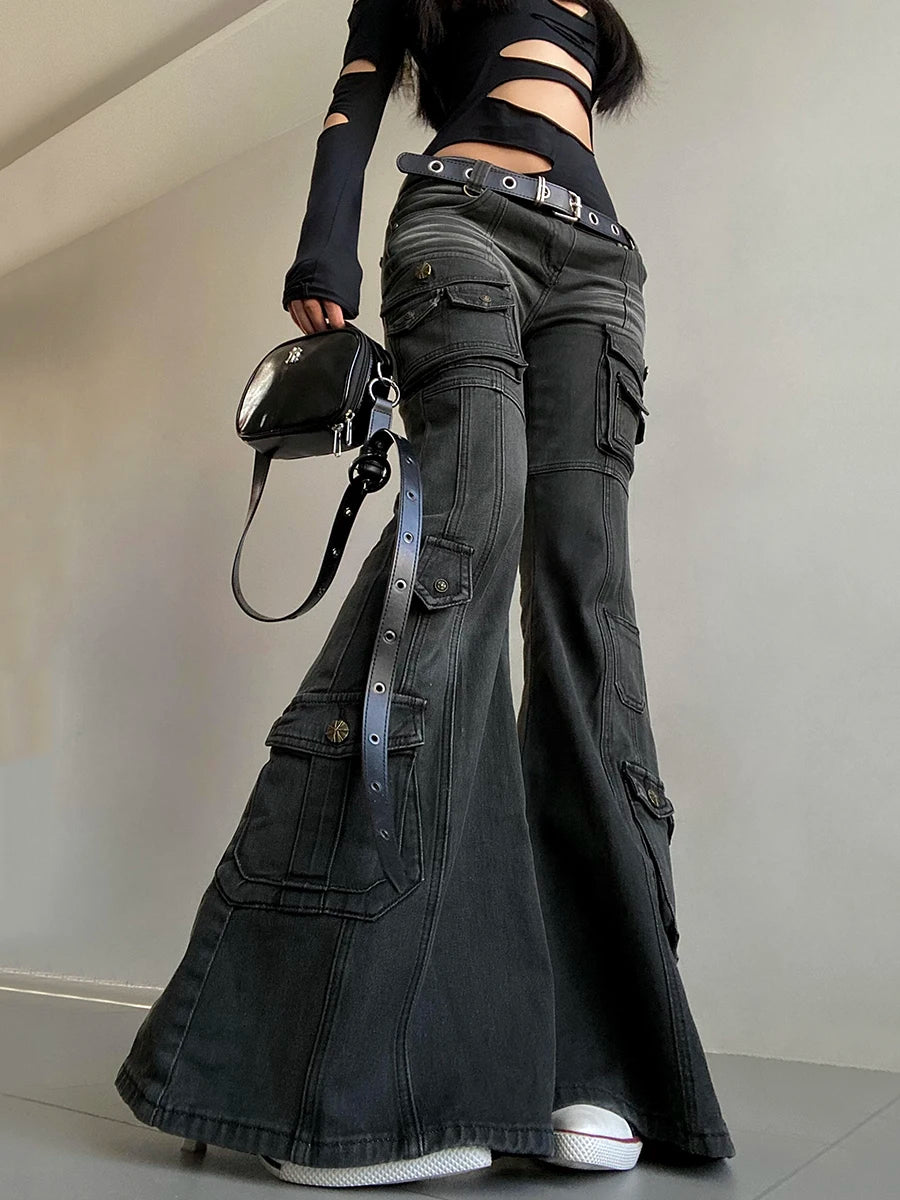 Visual Kei Cutout Crop Top & Flare Cargo Jeans Set with Studded Belt Shoptery