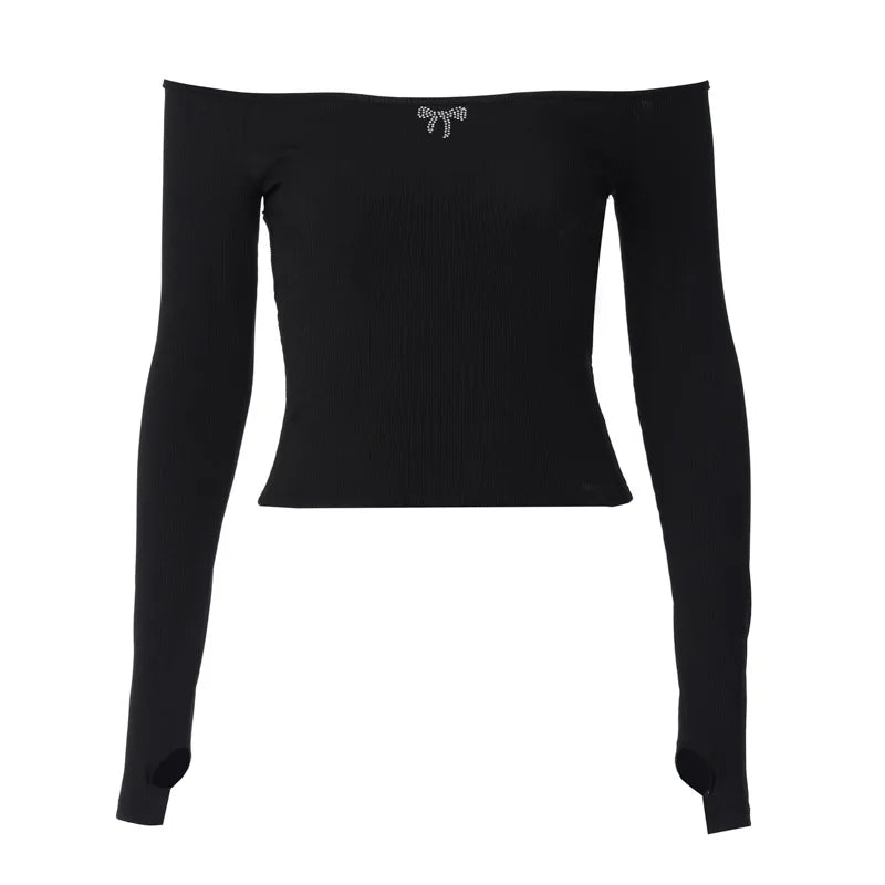Spring Off Shoulder Backless Long Sleeve black Shoptery