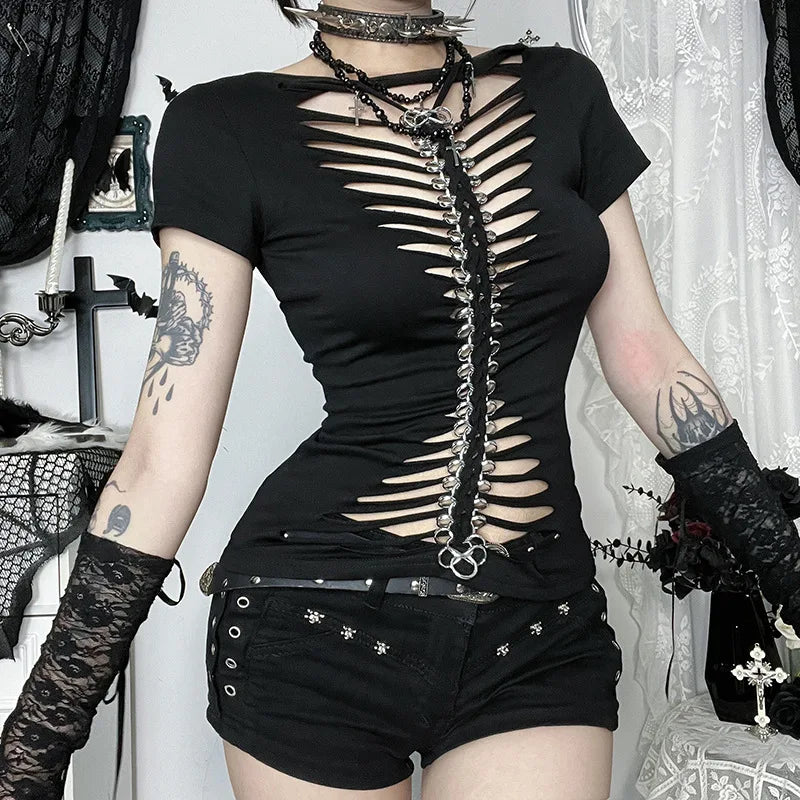 Visual Kei Slashed Fishbone Ring & Safety Pin Cutout Black Tee Shoptery