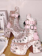 Jirai Kei Pink Velvet Platform Lace-Up Studded Mid-Calf Boots Shoptery